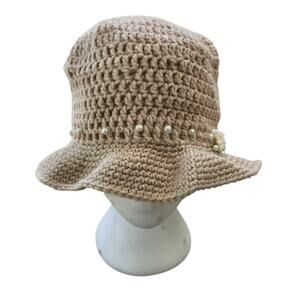 VTG CROCHET BUCKET HAT WOMENS KNIT CAP FLOPPY BEIGE BOHO COTTAGECORE ROMANTIC